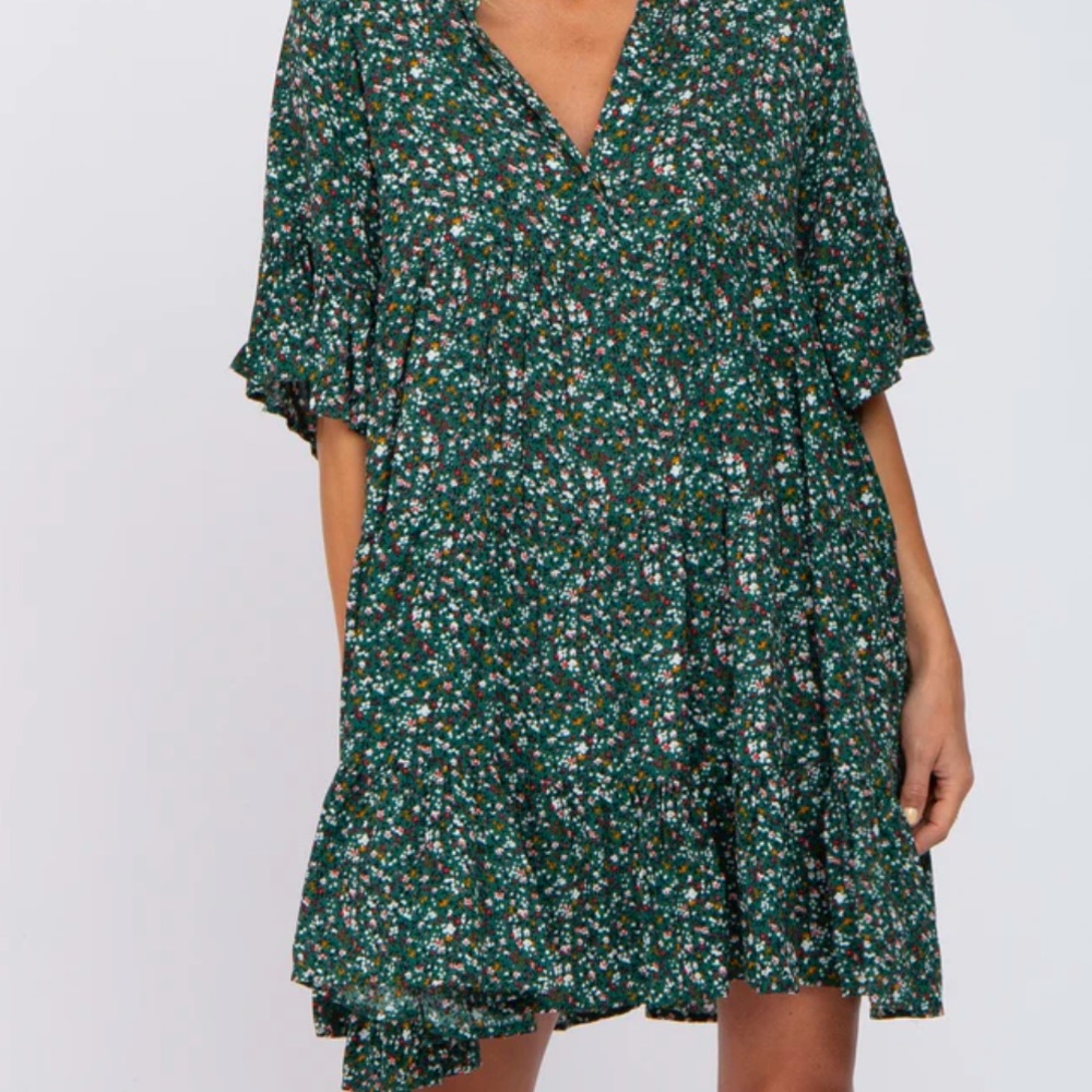 Green Floral Ruffle Sleeve Tiered Dress